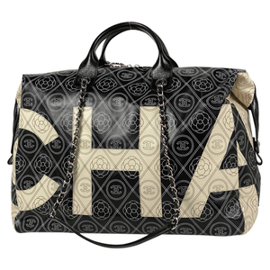 シャネル CHANEL ココマーク チェーン ボストンバッグ カメリア 2WAY ショルダー コーティングキャンバス ブラック ベージュ レディ 中古