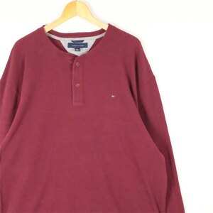 古着 大きいサイズ トミーヒルフィガー 長袖ヘンリーネンク コットンサーマルTシャツ メンズUS-2XLサイズ 無地 ボルドー系 tn-1983n