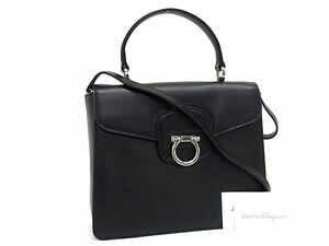 1円 ■美品■ Salvatore Ferragamo フェラガモ AU-21/C361 ガンチーニ レザー 2WAY ショルダー ハンドバッグ ブラック系 FB5019