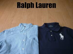 即戦力2着セットRalph Laurenオックスフォードボタンダウンシャツ&ビッグポニーポロシャツSM正規ラルフローレンブルーチェック紺ネイビー