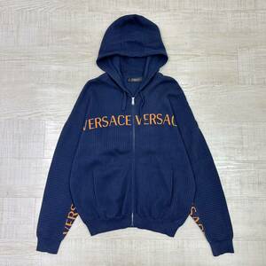 VERSACE ベルサーチ ヴェルサーチ リブ ニット ロゴ ジップ パーカー RIB KNIT LOGO ZIP PARKA MADE IN ITALY ネイビー 系 希少 サイズ 52