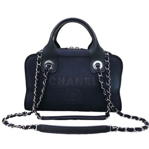 シャネル CHANEL ドーヴィルボーリングバッグ A92749 ブラック/ネイビー/シルバー金具 キャンバス ショルダーバッグ レディース 中古