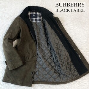 BURBERRY BLACK LABEL バーバリーブラックレーベル レザージャケット コート フード ロゴボタン キルティング ノバチェック カーキ L