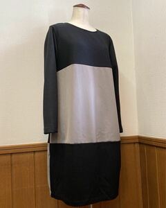 ハンドメイド*冬のワンピース　コクーン切替の長袖ワンピース　黒×グレー系　フリーサイズ