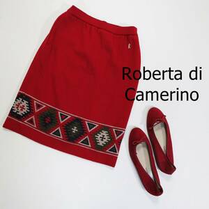 新品タグ付き Roberta di Camerino ロベルタディカメリーノ ニットスカート サイズ38 M レッド ジャガード柄 ひざ丈 ボックス 民族 4097