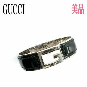 GUCCI グッチ レザー バングル ブレスレット G ロゴ メタル ブラック系