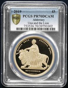 2019年 オルダニー ウナとライオン 5ポンド プルーフ金貨 PCGS PR70 DCAM 箱付き イギリス ウナライオン 1オンス