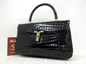 ◆超美品◆TOKYO JRA◆フラップ◆シャイニング クロコダイル 本 ワニ 革◆ハンド バッグ◆ブラック ゴールド金具◆腕掛け◆A9795