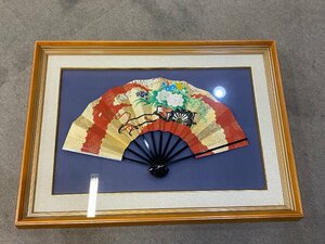 ▽OG▽扇子　額装　詳細不明　人力車　アート　絵画　和風　和室　旅館　店舗　A2210-90