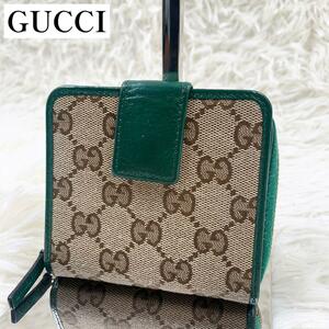 【極美品】GUCCI グッチ 二つ折り財布 ミニジップウォレット GG柄 キャンバス グリーン