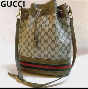 美品●GUCCI グッチ 巾着 ショルダーバッグ シェリーライン GG柄 スプリーム PVC スプリーム レザー 本革 肩掛け 斜め掛け ヴィンテージ