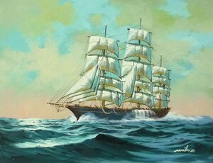 油彩画 洋画 肉筆油絵 F6号 「帆船 海景画」-116- 特価