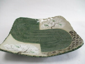 和陶器　織部　桜　角大皿　30.5ｃｍ　1個　盛り皿　大皿　手描き