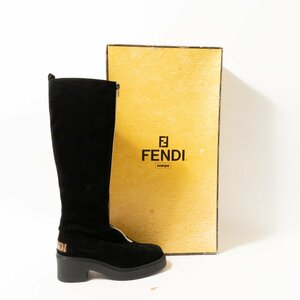 【1円スタート】FENDI フェンディ ロングブーツ ブラック 黒 シルバー 37 24cm相当 スエード レザー センタージップ レディース シューズ