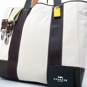 1円■新品同様■型崩れ無し■COACH コーチ 2way キャンバス トートバッグ ビジネス トラベル 大容量 A4 メンズ レディース レザー ベージュ