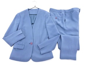 THE SUIT COMPANY スーツカンパニー she ノーカラー ジャケット パンツ セットアップ size36/青 ■◇ ☆ fac1 レディース