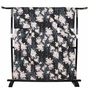 婦人用 浴衣 綿 黒 桜 LY3046 新品 フリーサイズ 夏着物 レディース ギフト 6月7月8月9月シーズン 送料込み