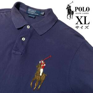 希少!!カスタムモデル【POLO RALPH LAUREN 】XL相当 ビッグポニー(やぎ革&ビーズ)ラルフローレン 鹿の子 半袖ポロシャツ 濃紺/ネイビー