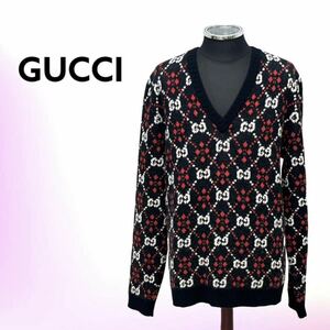 高級 GUCCI グッチ ウール混 GGダイヤモンド 総柄 Vネック ニット セーター メンズ 545730 XKADQ