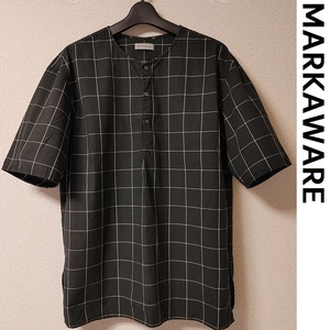 MARKAWARE■マーカウェア◆黒 2 M◆ウィンドウペン 半袖 ノーカラー ワイド シャツ クルーネック チェック メンズ ウィンドペン スミ 春 夏