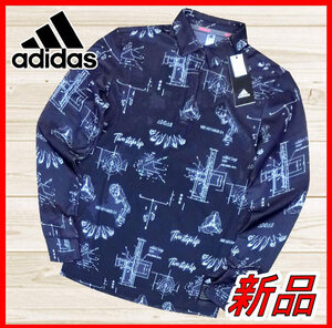 【国内正規品】70%OFF◆アディダスゴルフシャツadidasGOLF◆長袖ストレッチ UVカット ヒストリカルパターン◆S/7号ネイビー紺