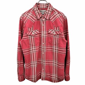 エディーバウアー Eddie Bauer ウエスタンシャツ チェック×ヘリンボーン ドットボタン 長袖 綿100% S ピンクレッド 赤系×緑×白系 メンズ