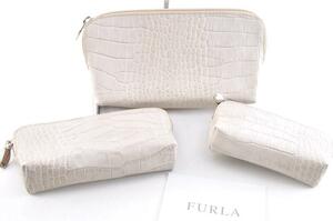 FURLA フルラ ポーチ 小物入れ レザー 革 ホワイト 白 無地 柄なし レディース 女性 ジップ ファスナー 3つセット α2AM1362