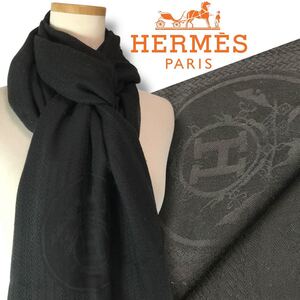 u58 正規品 HERMES エルメス カシミヤ×シルク ロング ストール Hマークロゴ マフラー ブラック フランス製 正規品 メンズ レディース