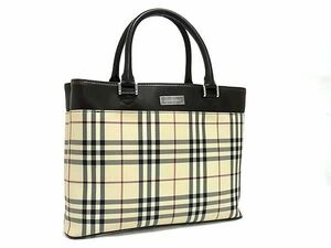 1円 ■美品■ BURBERRY バーバリー ノバチェック ナイロンキャンバス×レザー ハンドバッグ トート ライトベージュ系×ブラウン系 FB4161