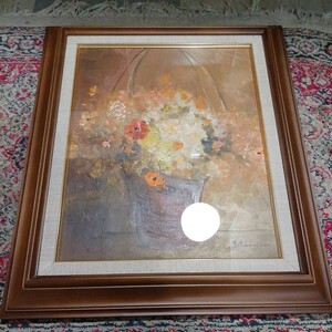 作者不明 タイトル不明 油絵 油彩 絵画 F6? 花 作品 インテリア 当時物 中古 長期保管