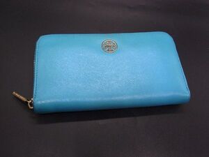 ■美品■ TORY BURCH トリーバーチ レザー ラウンドファスナー 長財布 ウォレット 札入れ 小銭入れ ライトブルー系 DE3224