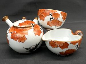 【H951】年代物 九谷焼 竜山作 煎茶器セット 急須 湯冷まし 湯呑セット 金彩 赤絵 茶器 湯飲み 色絵 陶磁器 紅葉