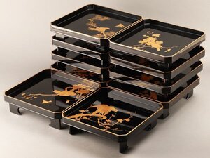 【流】時代漆器 本金図替 花鳥黒蒔絵 会席膳十客 箱付 DJ230◎