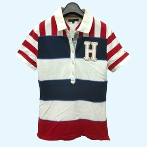 TOMMY HILFIGER /トミーヒルフィガー レディース ロゴ ボーダー 半袖ポロシャツ ホワイト×レッド×ネイビー Lサイズ I-4616