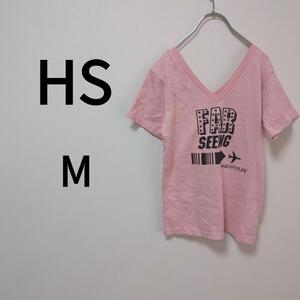 【HS】センタービックプリントTシャツ(M)前後Vネック＊アメカジ＊ピンク