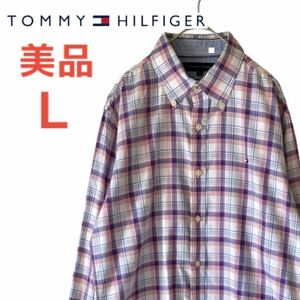 【極美品】TOMMY HILFIGER トミーフィルガー メンズ マドラスチェック 長袖シャツ ワンポイント刺繍ロゴ 綿 Lサイズ ボタンダウン 大きい