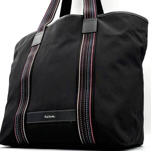 《美品》Paul Smith ポールスミス メンズ ビジネス マルチストライプ レザー ナイロン トートバッグA4 肩掛け ブラック