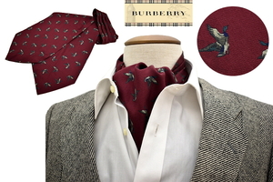 N-2310★送料無料★Burberrys OF LONDON バーバリー ロンドン★正規品 日本製 鴨 野鳥 水鳥 ボルドー クラバット ネクタイ スカーフ