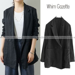 定38500円【ウィムガゼット Whim Gazette】リネン製品染めジャケット　ダブルテーラードジャケット　リネンジャケット　麻　ブラック黒