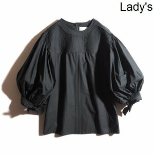 M0282P ▼JIL SANDER ジルサンダー▼ タイプライターコットン ピンタック ギャザーボリュームスリーブ ブラウス ブラック 黒 春夏 rb mks