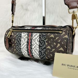 263【極美品・希少】Burberry バーバリー ショルダーバッグ ドラム型 2way TBロゴ モノグラム PVC レザー ブラウン