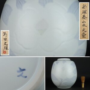 【扇屋】島田文雄「彩磁泰山木文壷」共箱 高さ 約29cm 幅 約26cm 花器 花瓶 飾壷 J-4