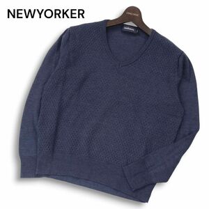 NEWYORKER ニューヨーカー 秋冬 ダイヤ柄★ Vネック ウール100% ニット セーター Sz.M　メンズ ネイビー　I4T02674_8#K