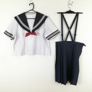 1円 セーラー服 スカート スカーフ 上下3点セット 大きいサイズ 特大 夏物 白3本線 女子 学生服 宮崎富田中学 白 制服 中古 ランクC NA7825