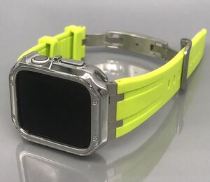 ライムy シルバー アップルウォッチバンド ラバーベルト Apple Watch ケース　カバー　ウルトラ　38mm 40mm 41mm 42mm 44mm 45mm 46mm 49mm