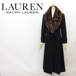 ◆RALPH LAUREN ラルフローレン 衿フェイクファー カシミヤ混 ウール リボンベルト付 ロング ラップ コート 黒 ブラック 4