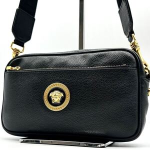 3290【現行・極美品】VERSACE ヴェルサーチ ショルダーバッグ カメラバッグ 2way 斜め掛け メデューサ ゴールド金具 レザー 本革 ブラック