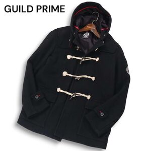 【美品】GUILD PRIME ギルドプライム 秋冬 ロゴプリント★ メルトン ウール ダッフルコート Sz.L メンズ 黒　I4T04132_C#N