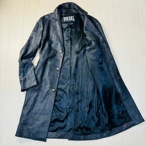 希少モデル/L-XL相当★ディーゼル/DIESEL 上質羊革 クラック加工 ラムレザー チェスター コート ロング丈 ジャケット アウター メンズ 黒