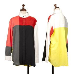 イッセイミヤケISSEY MIYAKE パネルプリントスタンドカラーシャツ 黒赤白黄2